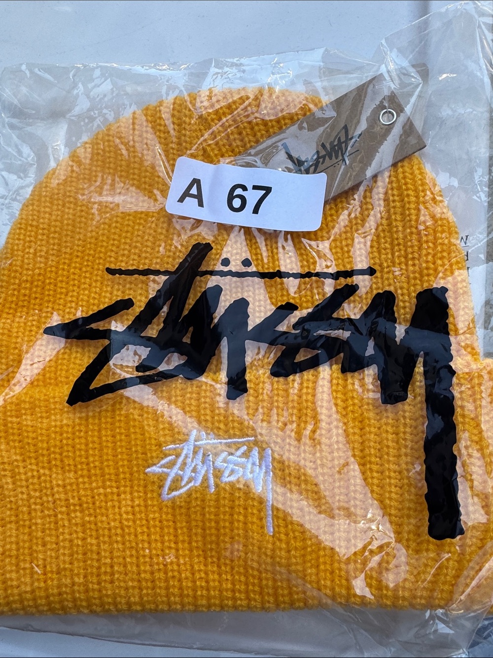 Stussy Yellow Knit Beanie with Black and White Logos